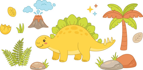 Cute Dinosaur Stegosaurus Prehistoric Vector Element Set with Volcano Palm Tree Kids Graphic Illustration © MdAungur
