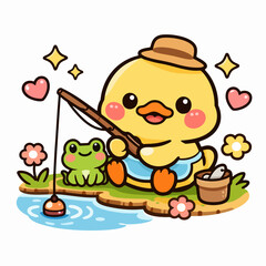 Fototapeta premium Cute Kawaii Duck Fishing with Frog Vector Illustration