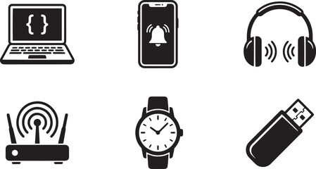 Fototapeta premium Technology icons, device symbols, computer, phone, headset, router, watch, usb drive isolated on Transparent Background