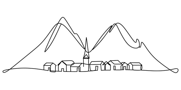 Continuous line drawing of a small village with a church and large mountains in the background