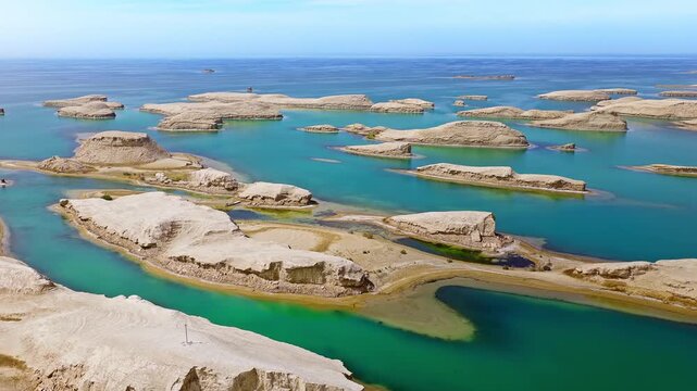 Aerial view of water yardang landforms in the Qaidam Basin, Qinghai, China