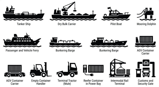 Maritime logistics icons including ships barges and port equipment on white background
