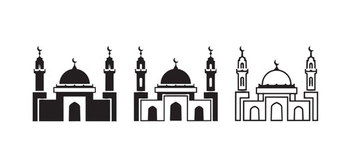 Black and white vector illustration of various mosque designs with domes and minarets in a row on white background © Amir Hmza