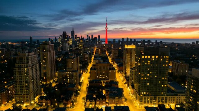 aerial view of yorkville toronto ontario canada skyline timelapse from dramatic sunset to night video