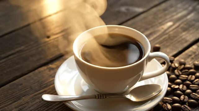 Steaming hot cup of dark coffee with roasted beans and a spoon on a rustic wooden table bathed in warm sunlight Keywords: coffee, hot, steam, cup, mug, coffee beans, roasted, spoon, saucer, wooden
