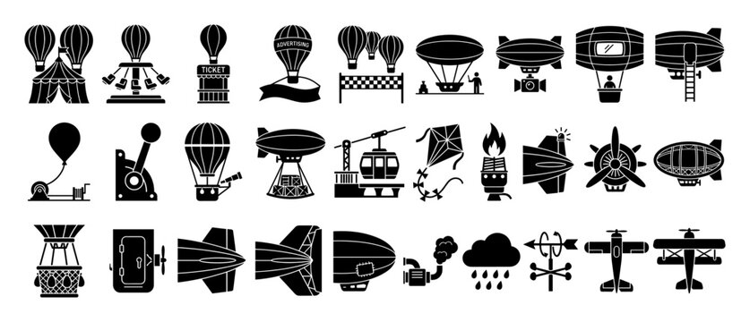 Set of hot air balloon and airship icons for sky adventure and entertainment purposes