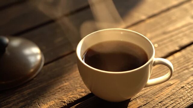 Hot steaming cup of dark coffee with a metallic lid in the background on a rustic wooden table with warm sunlight Keywords: coffee, hot, steam, cup, mug, metallic lid, wooden table, rustic