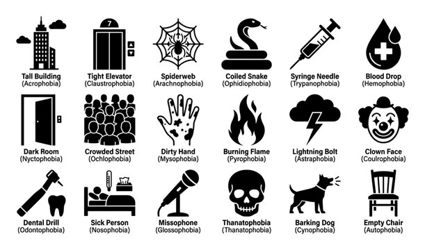 Set of phobia icons representing various common human fears and anxieties