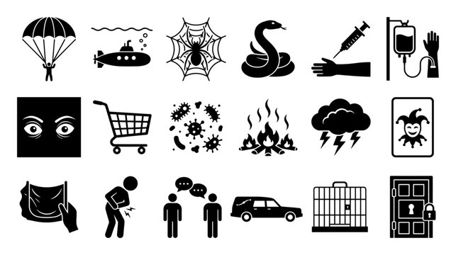 Set of Phobia and Fear Icons for Anxiety, Psychological Support and Mental Health Awareness