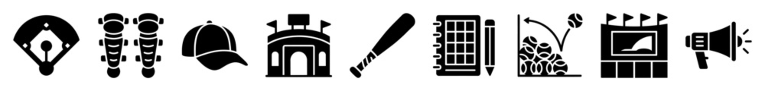 Set of baseball equipment stadium and game related glyph icons for sports graphics