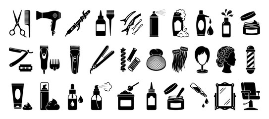 Fototapeta premium Set of hairdressing and barber tools and hair care product icons for salon use