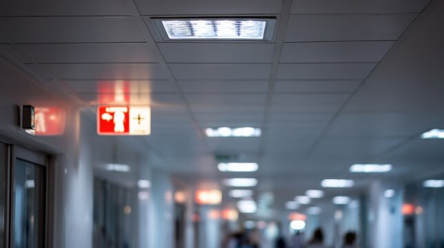Close medium view of modern LED panel lights softly glowing in a hospital corridor with emergency exit signs and blurred foot traffic in the background.