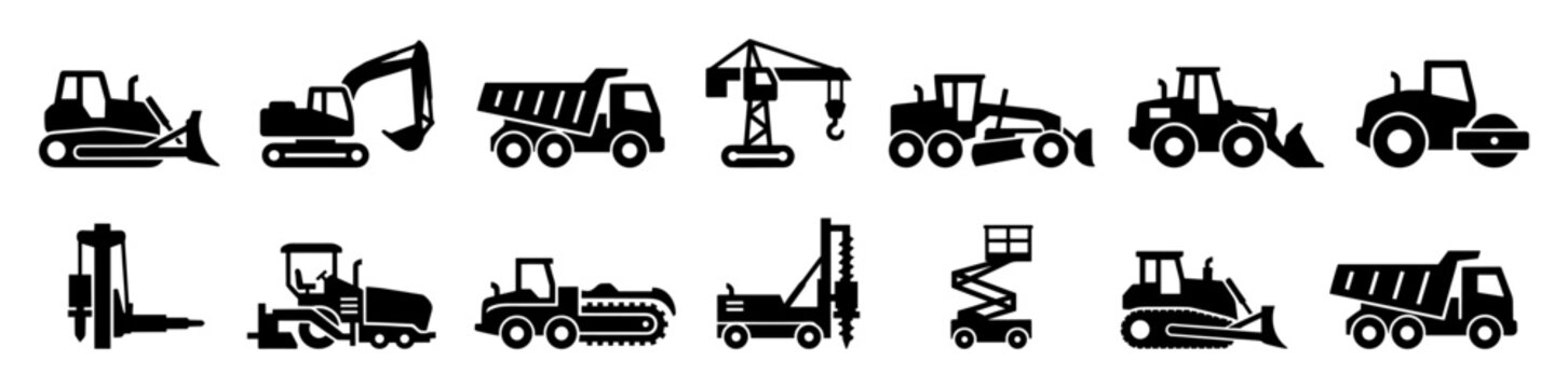 Set of heavy construction vehicle silhouettes for industrial web and print graphics