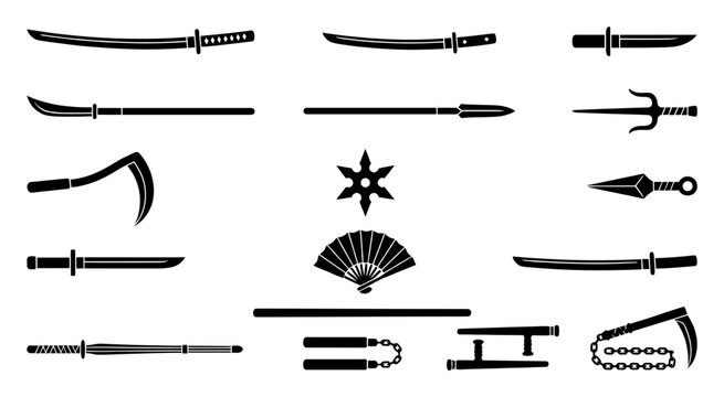 Set of traditional Japanese martial arts and ninja weapons for historical and cultural designs
