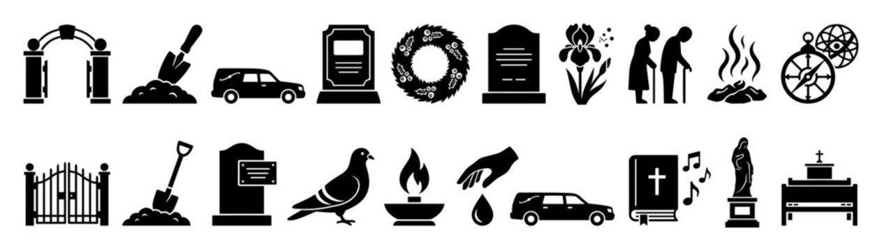 Set of burial and funeral service icons for memorial designs and remembrance concepts