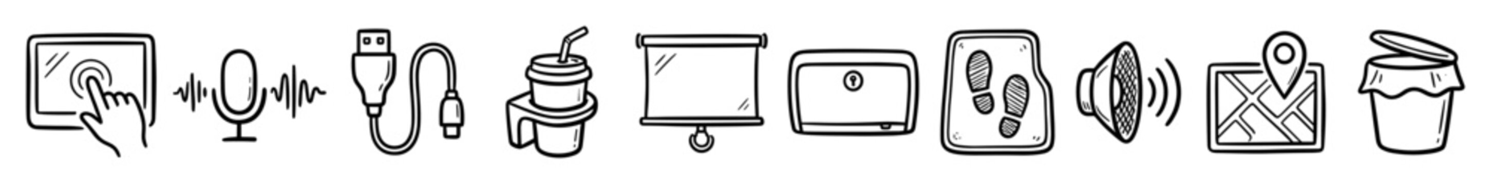 Set of automotive dashboard user interface icons featuring navigation voice control and storage