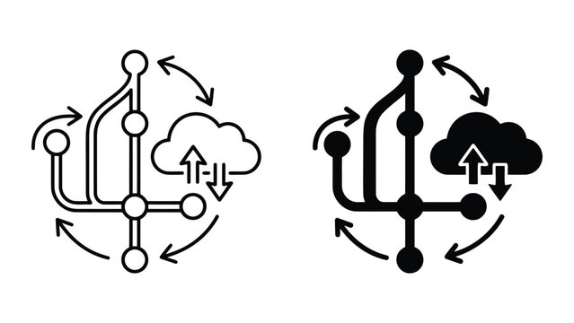 Version control branching and cloud data synchronization flat line icons