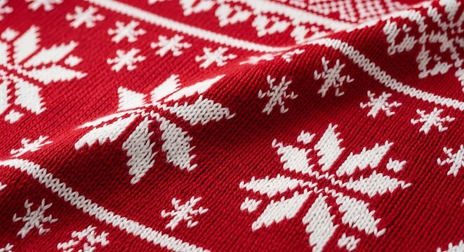 Red Christmas sweater fabric with white snowflake pattern closeup