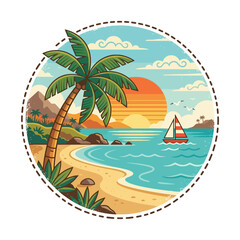 Obraz premium Tropical beach with palm tree and sailboat.
