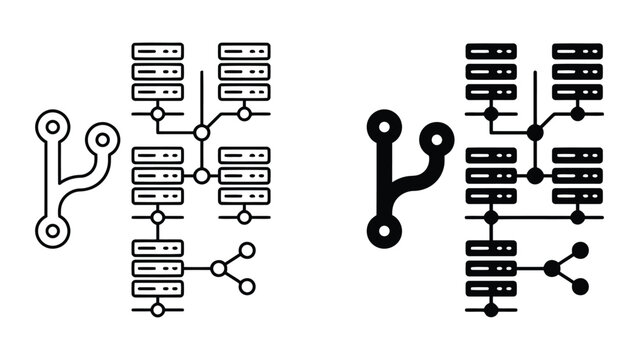 Server infrastructure and repository branching logic icons with infrastructure
