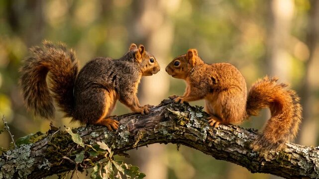 two fox squirrel close up in north american woodland morning light video
