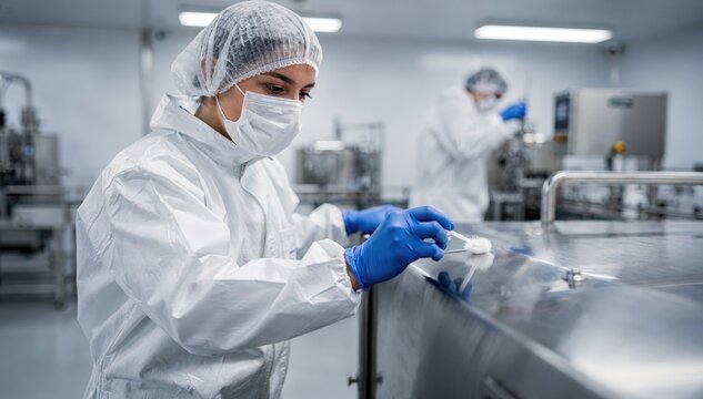 Workers collecting surface samples using sterile swabs on equipment and production surfaces to ensure hygiene standards in a cleanroom.