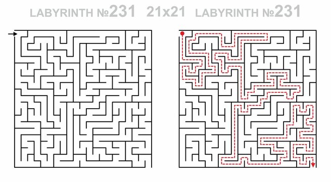 Ready to use geometric texture. Square labyrinth 21x21 with solution. Maze for kids activity. Printable worksheet.