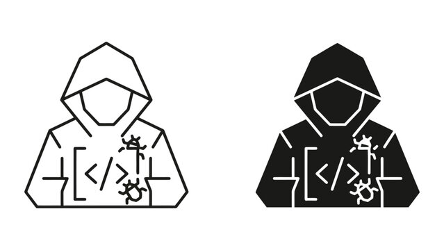 Hacker finding software bugs and vulnerabilities in computer code icons