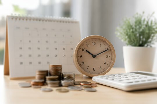 Alarm clock, coins, calculator and calendar represent bill reminder, recurring payment schedule, budgeting, due dates, and smart personal finance management to avoid late fees.