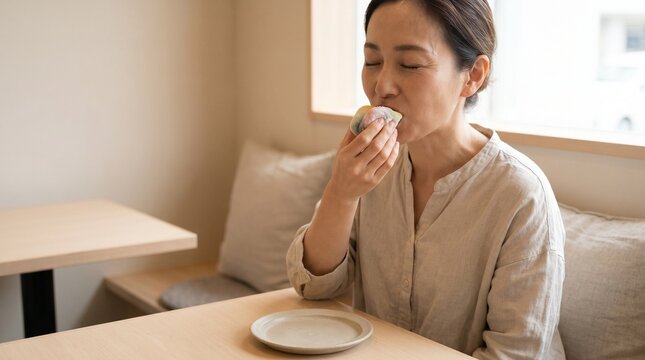 Woman biting layered mochi in tactile tasting ritual for food texture concept