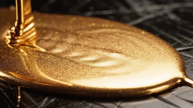 Molten gold pouring on textured black surface backdrop