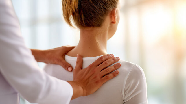 Chiropractor examining female patient neck and upper back during consultation. Physical therapy, posture assessment, rehabilitation and musculoskeletal healthcare concept.