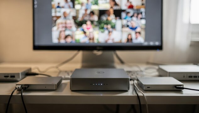 Medium shot of a desktop media backup workstation with external hard drives connected highlighting the main drive in focus and blurred family video thumbnails on the screen.