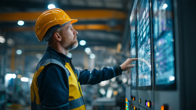 Industrial technician operating a digital touchscreen control panel inside a modern automated manufacturing facility. Smart factory, Industry 4.0 and production monitoring concept.