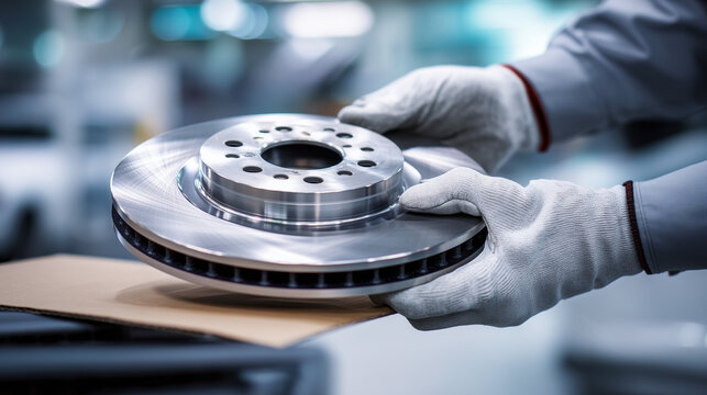 Professional mechanic wearing protective gloves holding a new ventilated brake disc in an auto repair workshop. Automotive maintenance, replacement parts, vehicle safety and service concept.