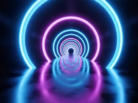 Endless tunnel of glowing neon rings in bright blue and pink reflecting on a dark glossy surface creating a sense of depth and futuristic motion Keywords: abstract, tunnel, endless, glowing, neon