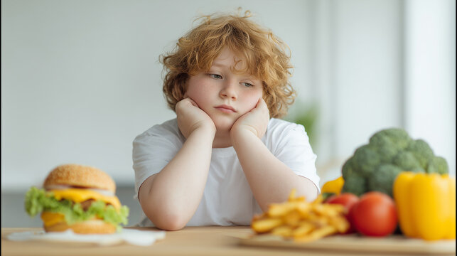 Thoughtful child choosing between unhealthy fast food and fresh vegetables. Healthy eating, nutrition education, childhood obesity prevention and balanced diet concept.