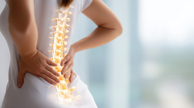 Woman suffering from lower back pain with highlighted spine anatomy. Medical concept of spinal health, lumbar pain, posture problems, orthopedic treatment and rehabilitation.