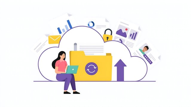 Woman working on laptop uploading data to cloud storage folder illustration