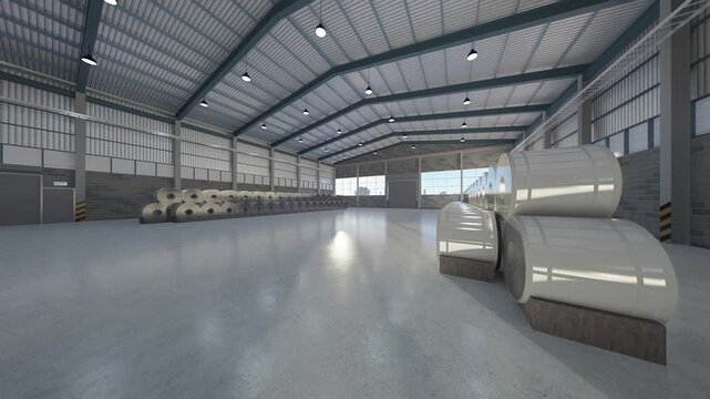 3D warehouse interior with slow dolly pan. Include manufacturing facility with steel coils, concrete floor, natural lighting. Represent metal production, supply chain, demand and supply concept.