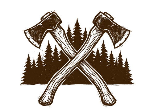 Crossed axes with pine forest silhouette, retro engraving illustration, lumberjack emblem and outdoor logo design