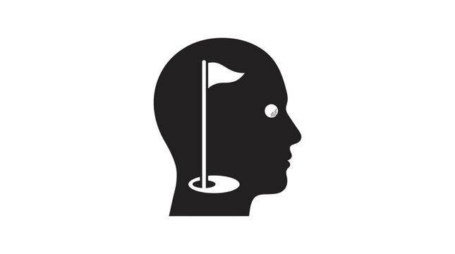 Black head silhouette with golf flag and hole.