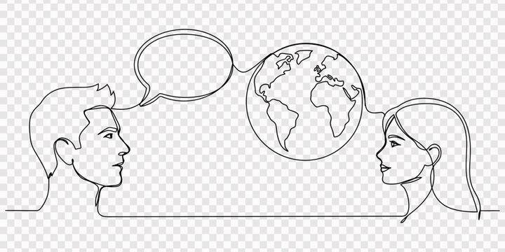 Continuous line drawing of people laughing with a globe international joke day concept vector illustration, transparent background, speech bubbles and a global map background for international commun