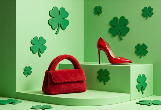 Minimalist green 3D podium display with shamrock decorations for St.