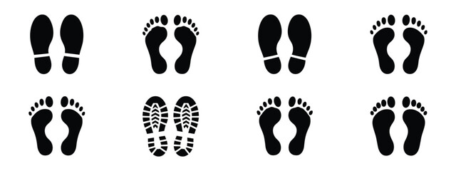 Human Foot and Shoe Print Icons set. Vector symbols featuring footprint and shoe sole prints for walking, tracking, navigation, and interface design. © Ashraful 01