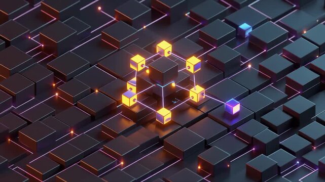 Abstract 3d wireframe grid with glowing nodes and dynamic motion animation bright circuit