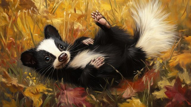 Playful skunks in autumn leaves, joyful animal in nature background