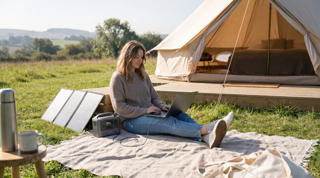 Glamping tent solar panel laptop setup for young woman working on grass
