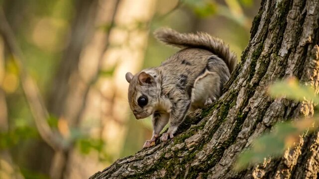 flying squirrel close up in north american forest morning light video