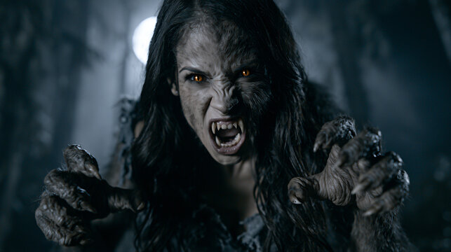 Terrifying Female Werewolf with Glowing Eyes and Sharp Claws in Moonlight